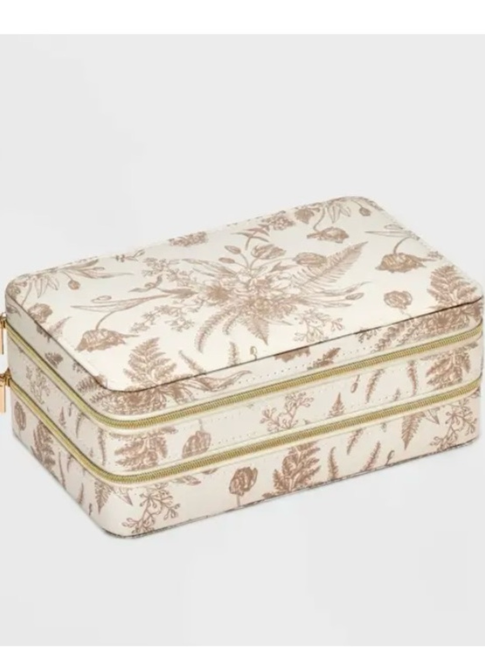 A New Day - Floral Double-Zip Jewelry Travel Case - Cream with Rose Gold Print